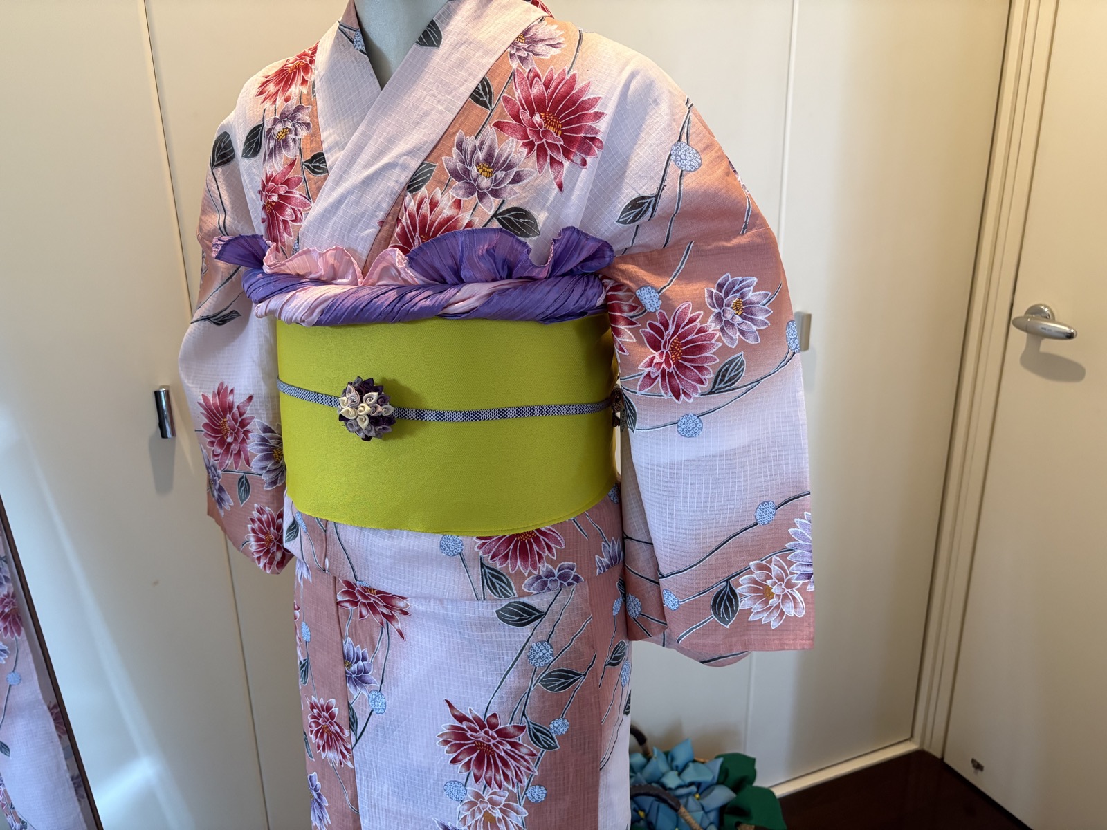 文庫結びに兵児帯を重ねたコーディネート