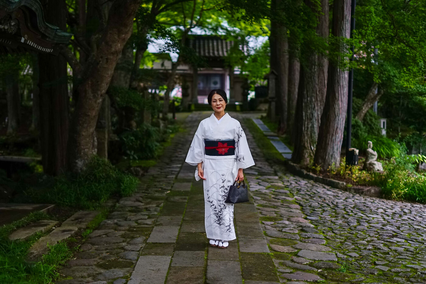 木立の参道を、着物で歩く