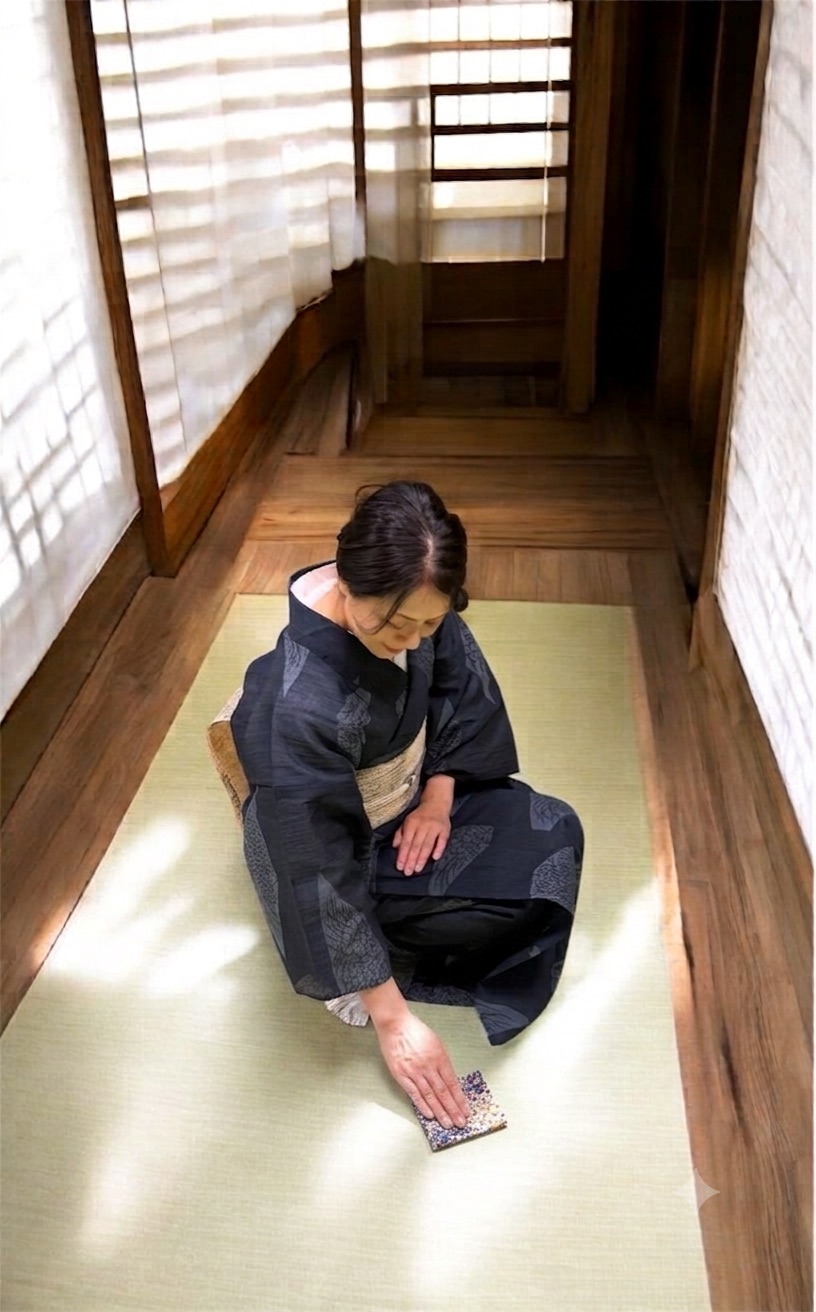 和室で膝を折り、足元に落ちたものを拾う所作