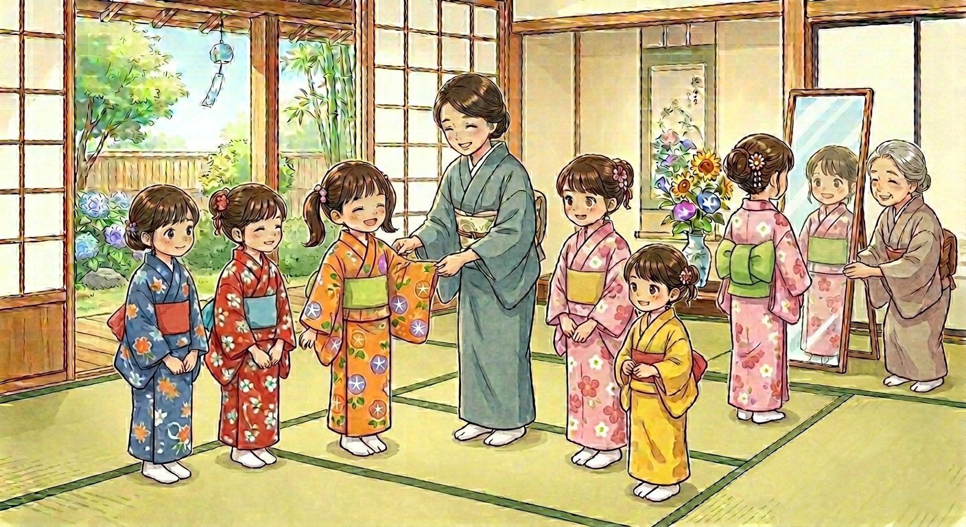 先生と浴衣姿の親子のイラスト（伝統文化親子きもの教室）